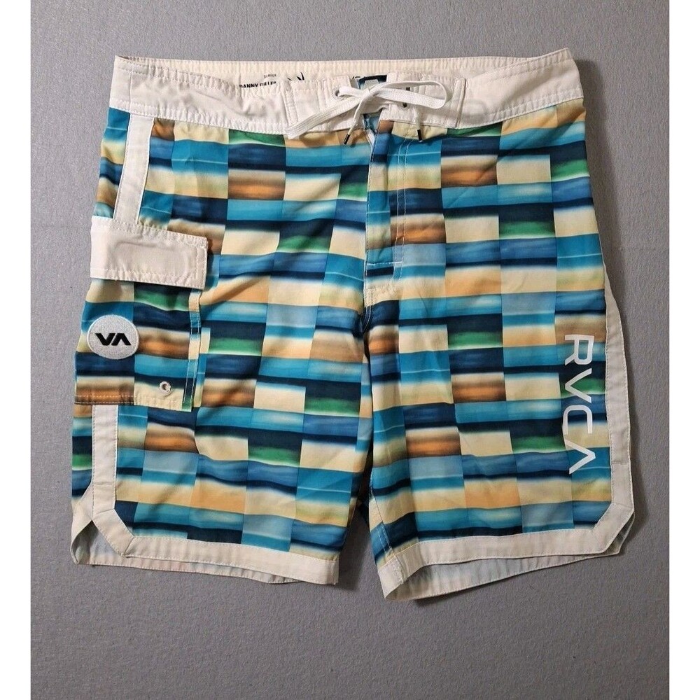 RVCA Danny Fuller Blue Multi Colorblock Unlined Swim Trunks Board Shorts 30 X 9